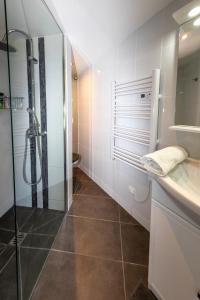 La salle de bains est pourvue d'une douche et d'un lavabo. dans l'établissement La Jalousie, à Saint-Aignan-de-Cramesnil