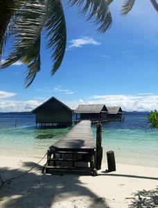 a dock on a beach with houses in the water at Frances Homestay - Raja Ampat in Pulau Mansuar