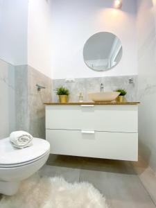 uma casa de banho com um lavatório, um WC e um espelho. em Apartament Relaks Gąsiorowskich em Poznań