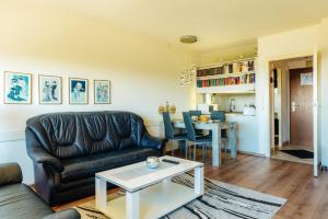 a living room with a leather couch and a table at Ferienwohnung Harz-Flair 264 in Hohegeiß
