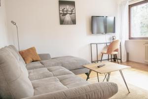 - un salon avec un canapé et une table dans l'établissement Stilvolle 2 Schlafzimmer Apartments Heidegarten, Osterheide, Zentrum, à Schneverdingen