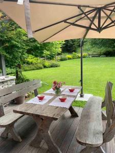 a picnic table with two benches and an umbrella at Villa Dona in Kranjska Gora