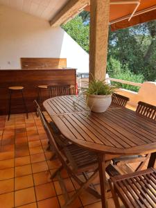 a wooden table with chairs and a potted plant on it at casa SamaSama in Porto-Vecchio