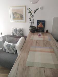 a living room with a couch and a wooden floor at Apartman Regina in Užice