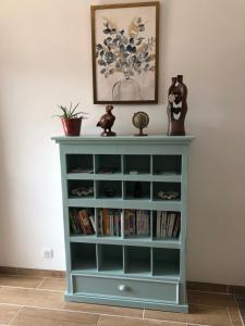 a blue book shelf with books on it at Villa Jade in Sartène