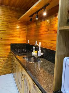 a kitchen with a sink and a wooden wall at Águia Dourada Hospedagem Casa 02 in Bom Jardim da Serra