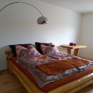 a bed in a bedroom with a lamp on the wall at Riccis 47m2 bamboo flat in Grosspertholz