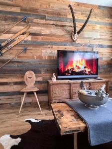 a living room with a fireplace and a tv at Casa Capricorn in Davos