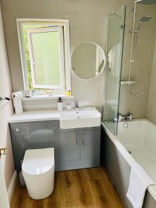 a bathroom with a sink and a toilet and a shower at Tanglewood house Abergavenny with private parking in Abergavenny