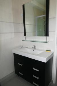 La salle de bains est pourvue d'un lavabo blanc et d'un miroir. dans l'établissement la ferme du parroi, à Annecy