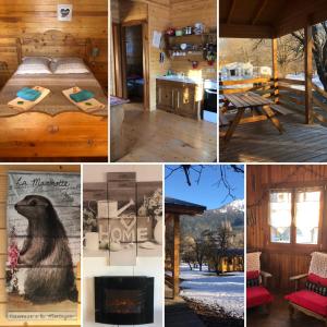 a collage of photos of a cabin with a bed and a fireplace at Camping, Hôtel De Plein Air Les Cariamas in Chateauroux-les-Alpes