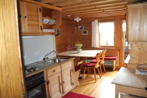 a kitchen with a sink and a table at Apartment Jaegerhaus in Andelsbuch