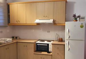 a kitchen with wooden cabinets and a white refrigerator at Villa Maria in Kokkari