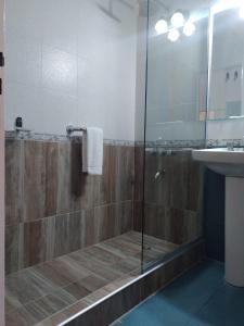y baño con ducha acristalada y lavamanos. en Hotel Picos Del Sur en El Calafate