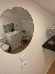 uma casa de banho com um WC e um espelho na parede em Chez Sophie em Altviller