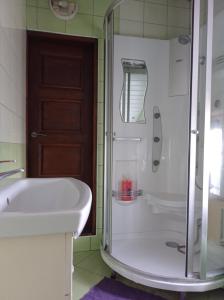 a bathroom with a shower and a tub and a sink at Apartment parking loft Akaciju in Vilnius