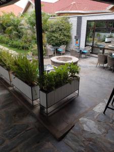 a patio with three planters with plants in it at La Villa Residence Hotel in Kigali