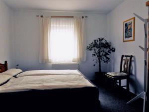 Un dormitorio con una cama y una ventana con una silla. en Ferienwohnung-Stricker-3-1, en Walkenried