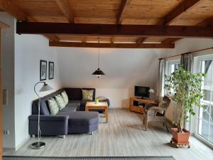 Una sala de estar con un sofá y un televisor. en Ferienwohnung-Stricker-B-Balkon-1-2, en Walkenried