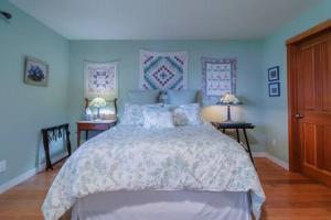 a bedroom with a large bed with blue walls at Sunrise Suite on the Sound in Anacortes