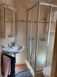 a bathroom with a shower and a sink at Chalet familial in Chamoson