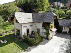 an aerial view of a house with a roof at Apartment Polane in Blejska Dobrava