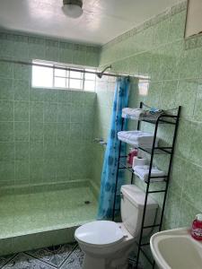 a bathroom with a toilet and a shower and a sink at Playa El Obispo A La Marea building La Libertad in La Libertad