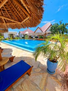 a resort pool with a blue table and palm trees at Mimi na wewe villa in Nungwi