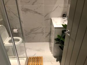 a bathroom with a shower and a toilet and a sink at Ocean View Apartments - Chelsea in Blackpool