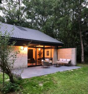 GeesbrugにあるVrijstaande luxe vakantiewoning met grote tuin, veel privacy en prachtige natuurの庭にパティオがある家