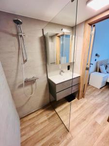 La salle de bains est pourvue d'une douche, d'un lavabo et d'un miroir. dans l'établissement Residential area - quiet place, à Bruxelles