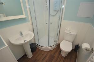 a bathroom with a shower and a toilet and a sink at Puffin Apartment in Tobermory
