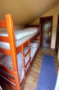 two bunk beds in a room with a blue rug at Vikendica Jela Blidinje in Rudo Polje