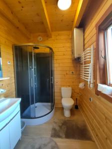 uma casa de banho com uma cabina de duche em vidro e um WC. em Domki Letniskowe Promyk em Ustka