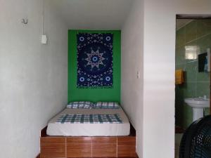 a bedroom with a bed and a green wall at Pousada Yajé in Ponta do Mel