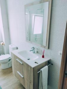 a bathroom with a sink and a mirror and a toilet at Precioso apartamento en Pamplona junto al centro in Pamplona
