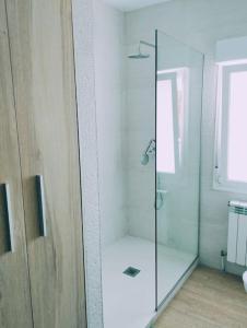 La salle de bains est pourvue d'une douche avec une porte en verre. dans l'établissement Precioso apartamento en Pamplona junto al centro, à Pampelune