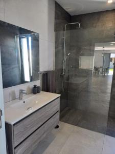 a bathroom with a sink and a shower at Apartamento Domingos in Arco da Calheta