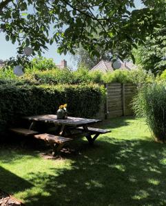 una mesa de picnic en el césped en un patio en Bed and Breakfast: 'Bij ons Achter' en Helvoirt