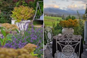 due foto di un giardino con fiori e vaso di fiori di Villa Toscana Boutique a Murzasichle