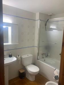 een badkamer met een toilet, een wastafel en een douche bij Can Tersi in Setcases