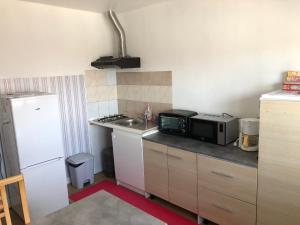 uma pequena cozinha com um lavatório e um micro-ondas em Gîte de la Nièvre - Centre Ville-2e étage em Flixecourt