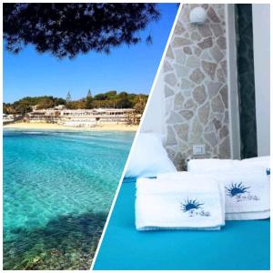 two pictures of the ocean and a beach with towels at BlueSun Apartments in Leporano Marina