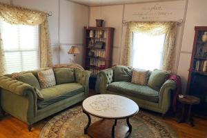 a living room with two couches and a table at Plum Crooked Poets Cottage - Walk to Town - Luxury King Bed - Near Asheville - Excellent Wi-Fi in Marshall