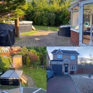 three pictures of a house and a backyard at Beautiful 3 Bedroom Detached home with hot tub in Fisherrow