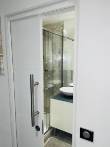 een badkamer met een douche en een wastafel bij APPARTEMENT AVEC VUE SUR LA TOUR EIIFEL in Issy-les-Moulineaux