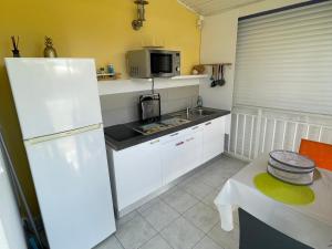 una cucina con frigorifero bianco e lavandino di Colibri de la Pointe a Le Robert