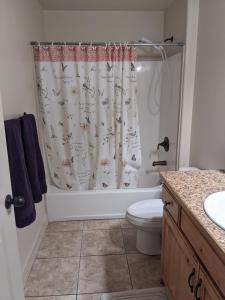 a bathroom with a shower curtain with a toilet and a sink at The Tuscan Lodge in Payson