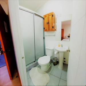a bathroom with a toilet and a sink at Hostal Aires del Sur Centro de Rancagua in Rancagua