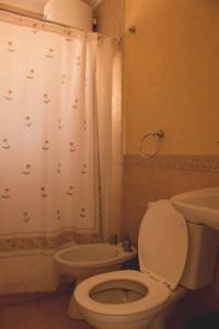 ビージャ・ウルキーサにあるLos Arbolesのトイレとシャワーカーテン付きのバスルーム